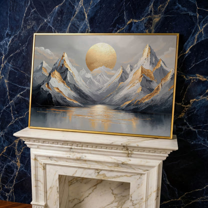 Sun Over Mountains Abstract Landscape Canvas in yellow gold floating frame