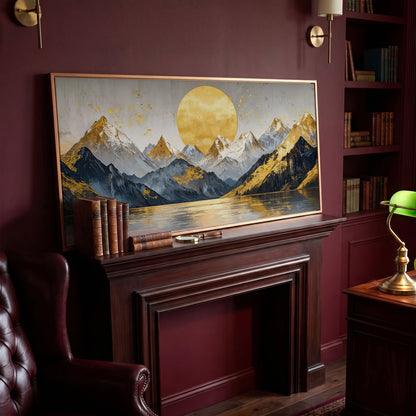 Golden Sun and Mountains Panoramic Canvas in antique gold floating frame