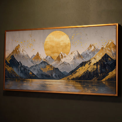 Golden Sun and Mountains Panoramic Canvas shown in antique gold floating frame