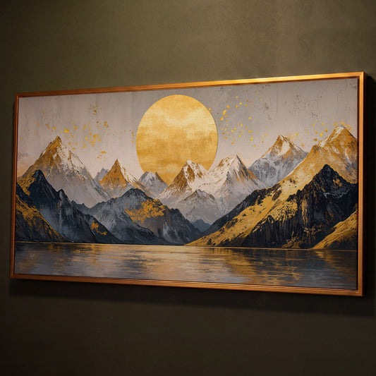 Golden Sun and Mountains Panoramic Canvas shown in antique gold floating frame