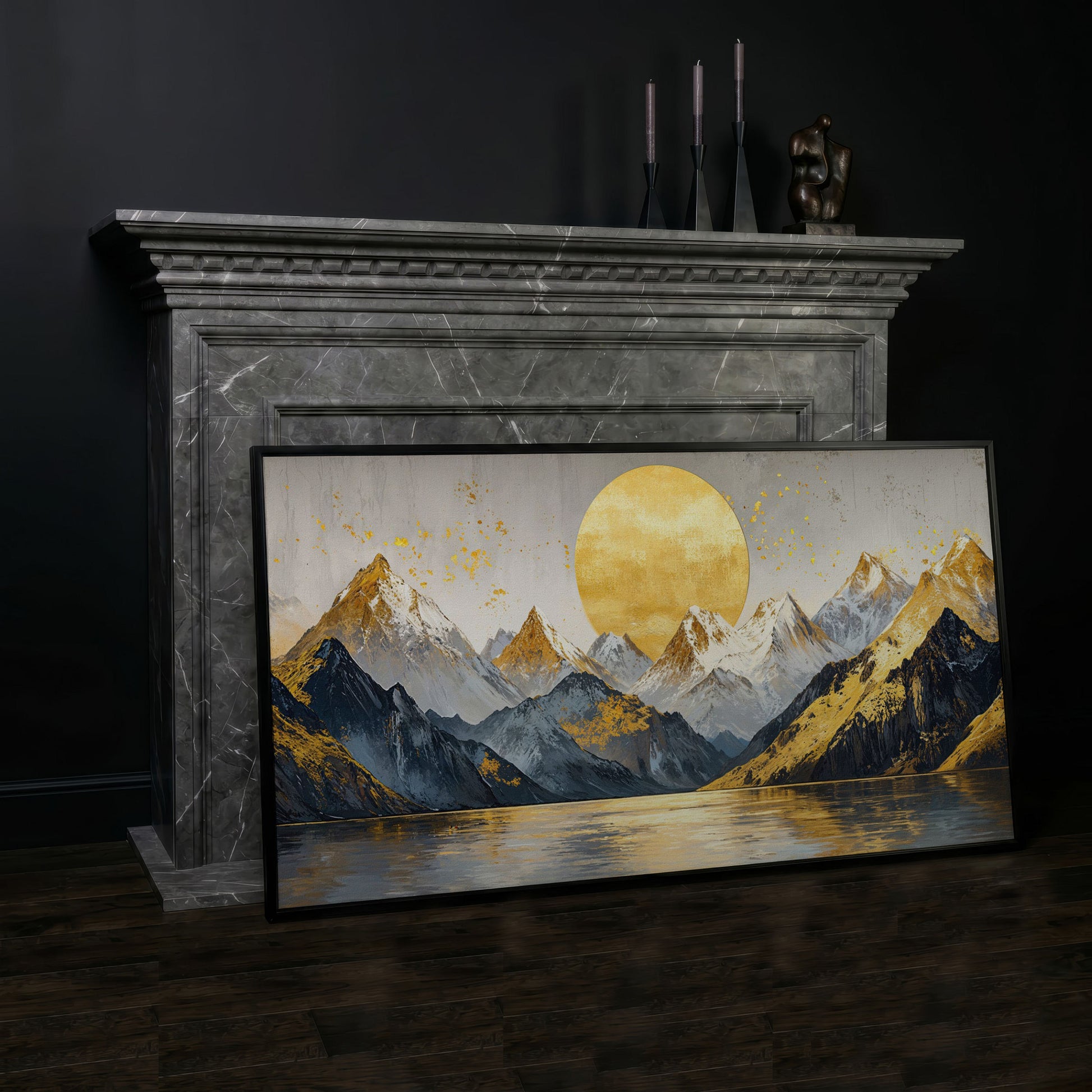 Golden Sun and Mountains Panoramic Canvas in black floating frame