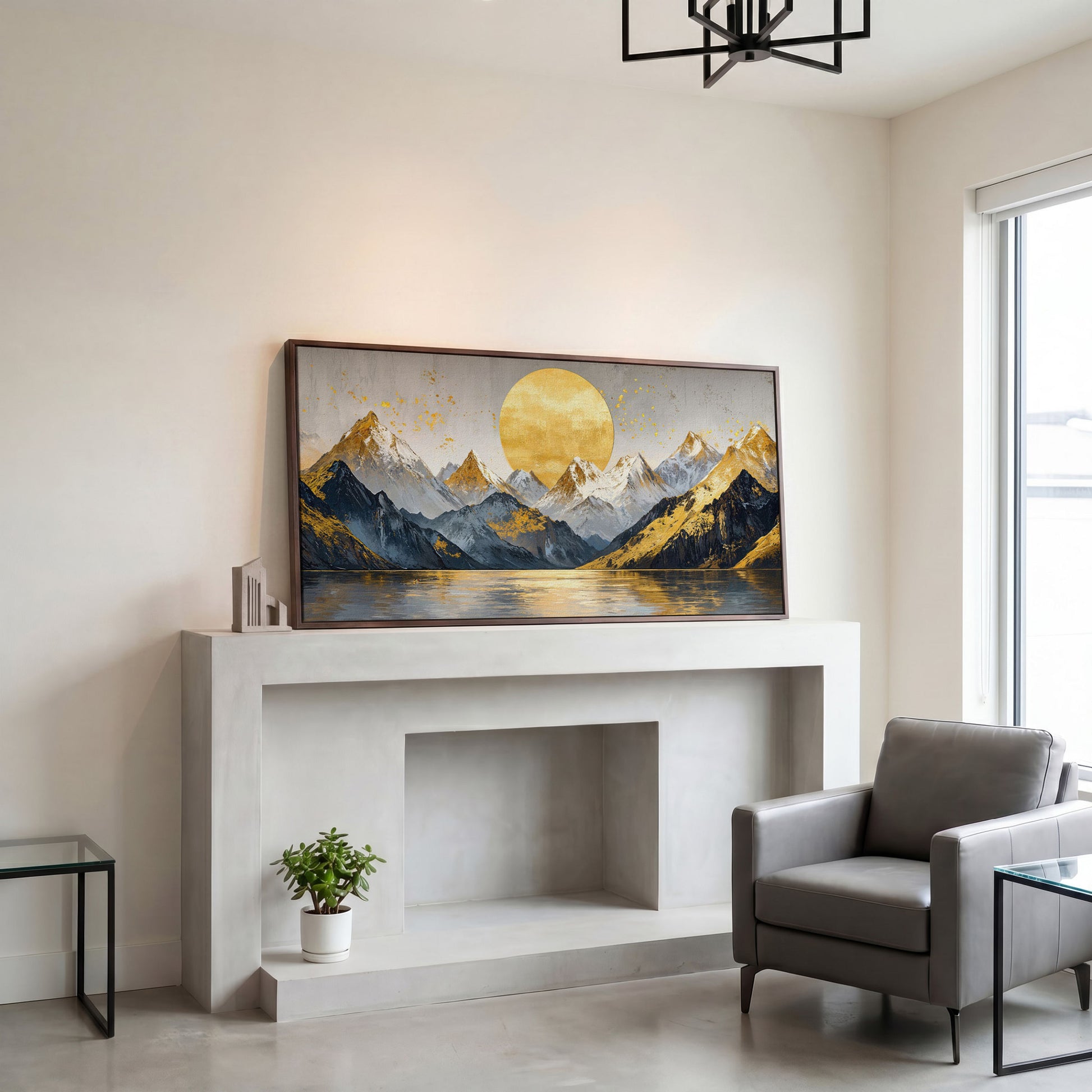 Golden Sun and Mountains Panoramic Canvas in dark walnut floating frame