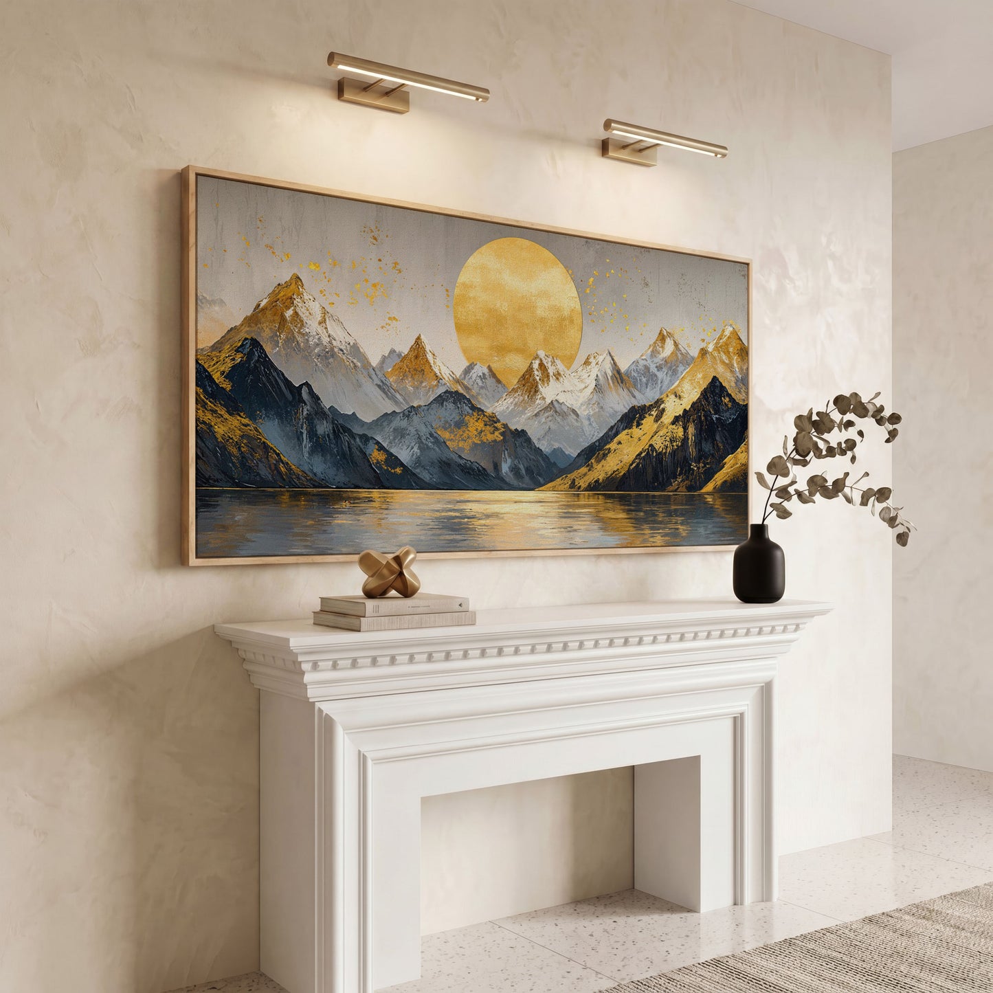 Golden Sun and Mountains Panoramic Canvas in white oak floating frame