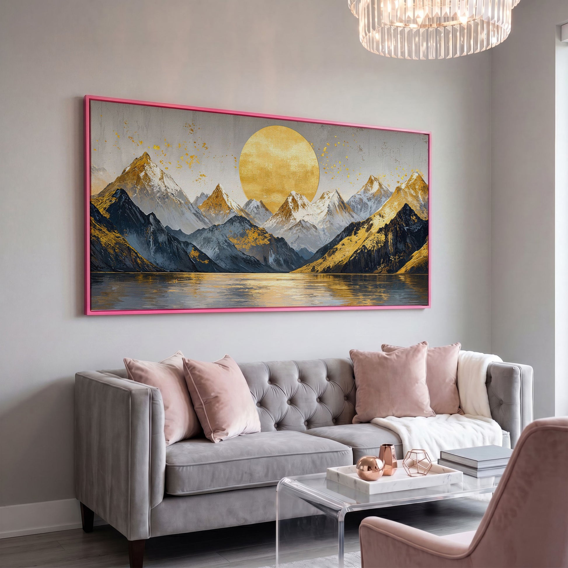 Golden Sun and Mountains Panoramic Canvas in pink floating frame