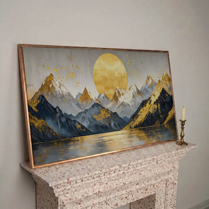 Golden Sun and Mountains Panoramic Canvas in rose gold floating frame