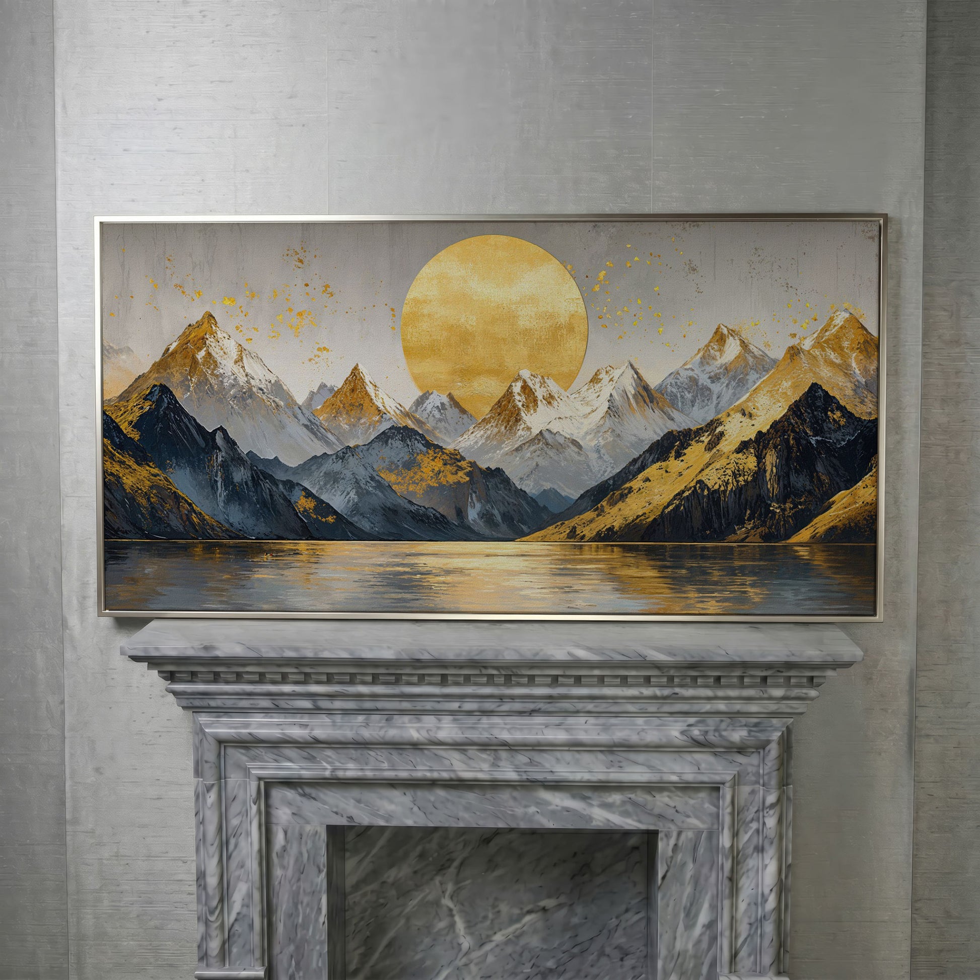 Golden Sun and Mountains Panoramic Canvas in silver floating frame