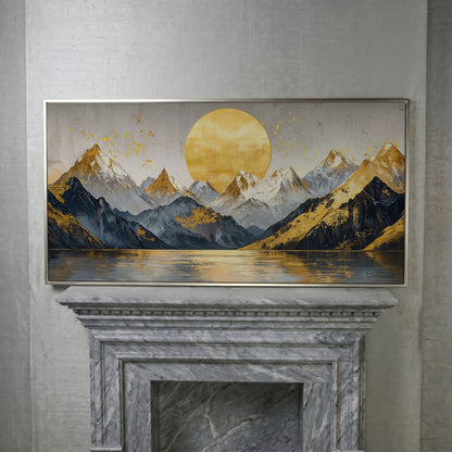 Golden Sun and Mountains Panoramic Canvas in silver floating frame
