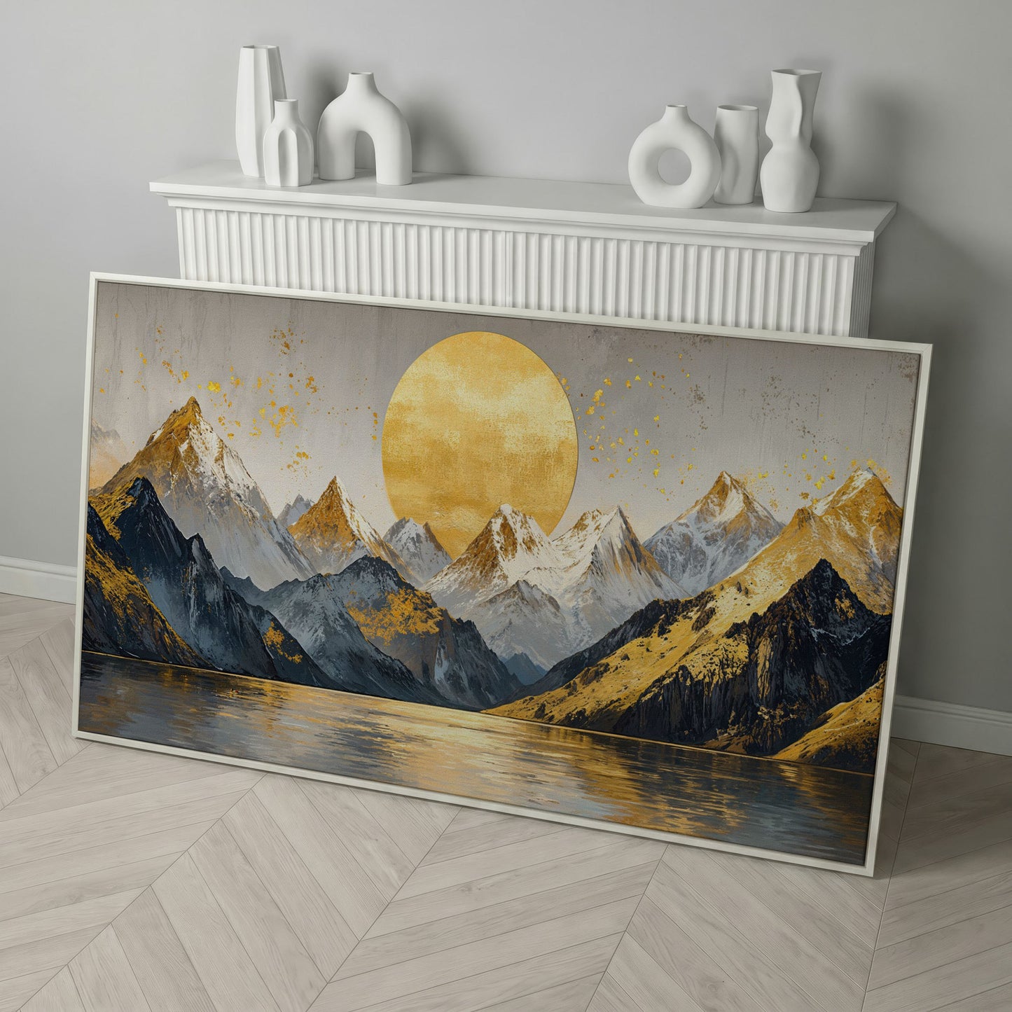 Golden Sun and Mountains Panoramic Canvas in white floating frame