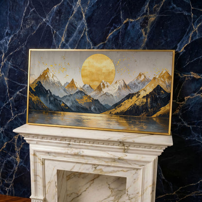 Golden Sun and Mountains Panoramic Canvas in yellow gold floating frame