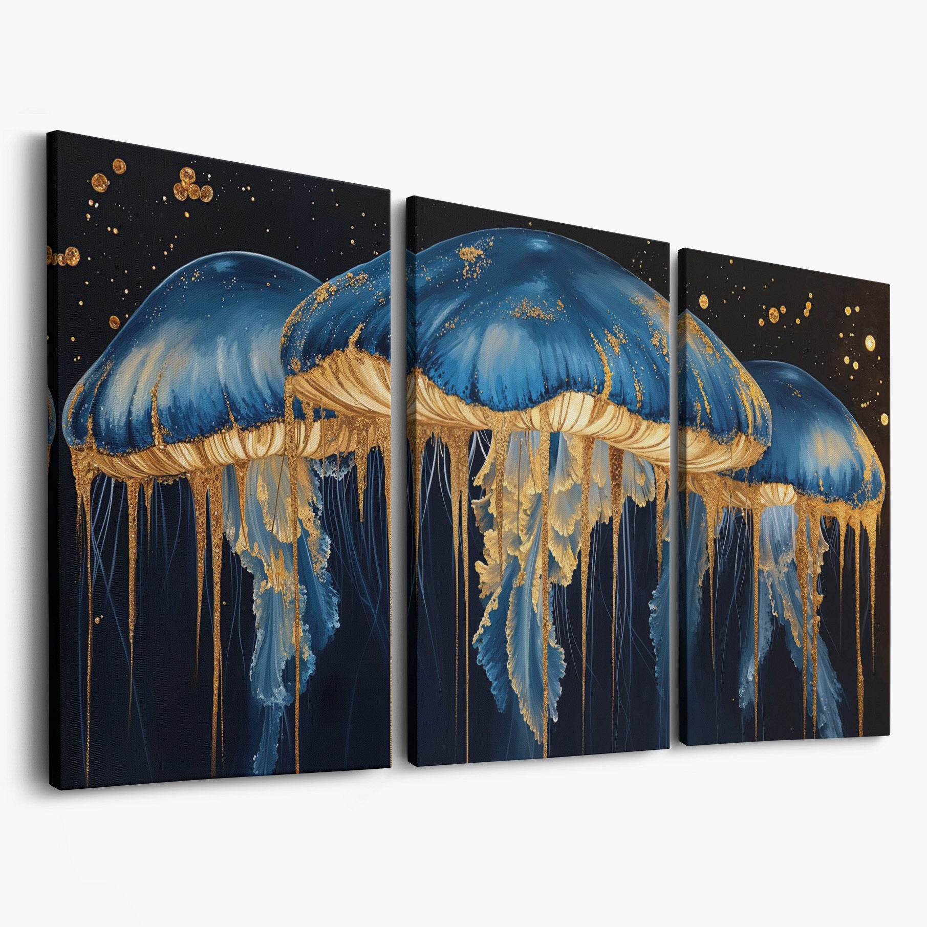 Blue and Gold Marine Jellyfish Canvas as 3-panel split version