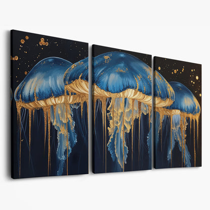 Blue and Gold Marine Jellyfish Canvas as 3-panel split version