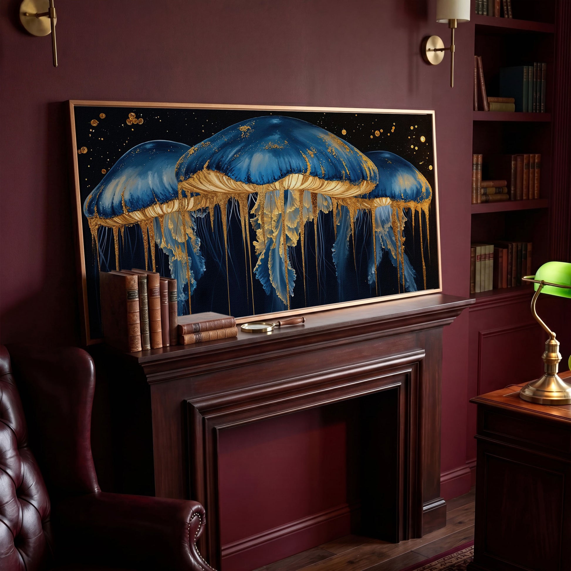 Blue and Gold Marine Jellyfish Canvas in antique gold floating frame