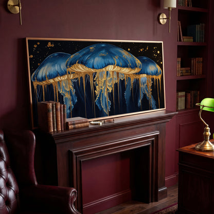 Blue and Gold Marine Jellyfish Canvas in antique gold floating frame