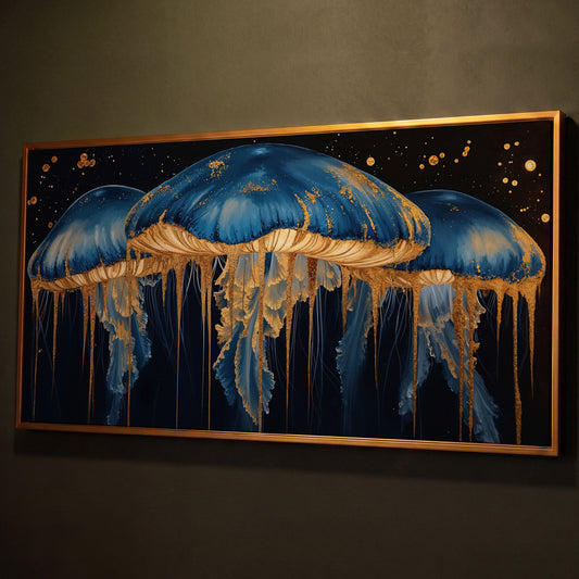 Blue and Gold Marine Jellyfish Canvas shown in antique gold floating frame