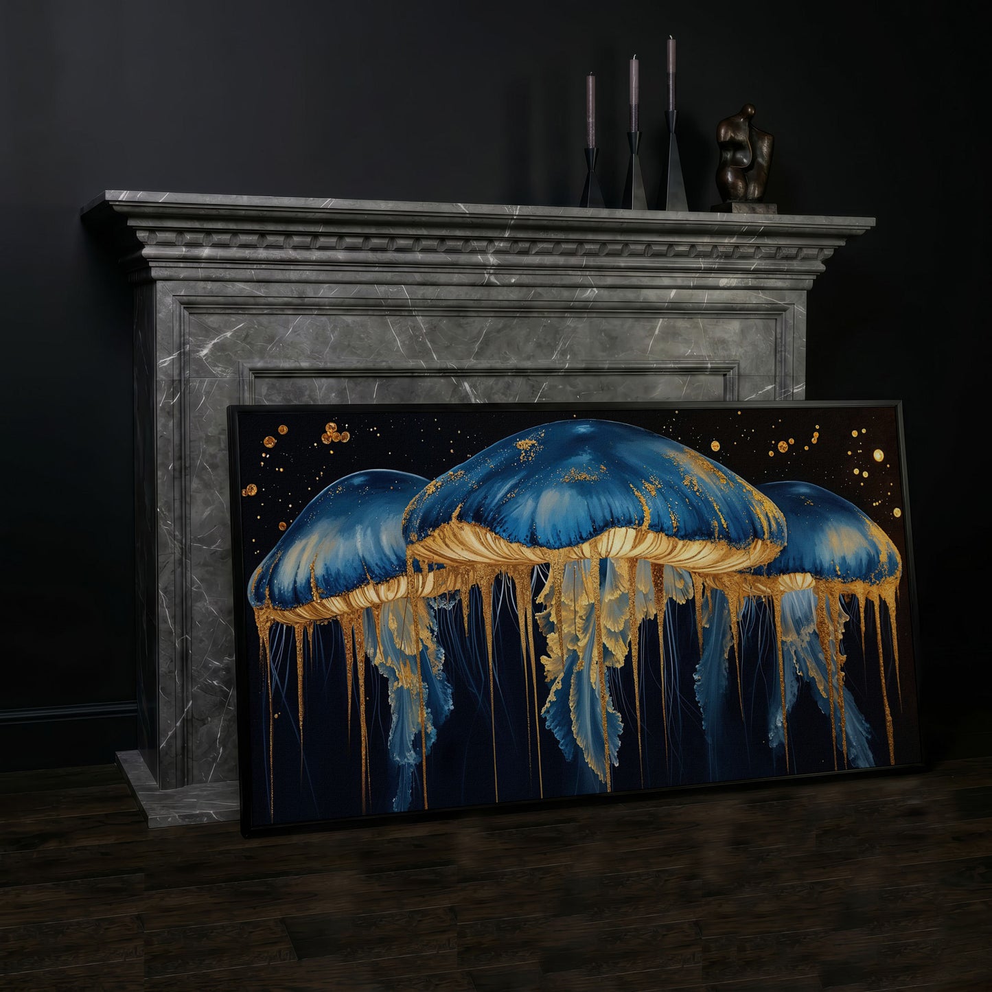 Blue and Gold Marine Jellyfish Canvas in black floating frame
