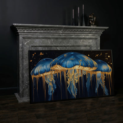 Blue and Gold Marine Jellyfish Canvas in black floating frame