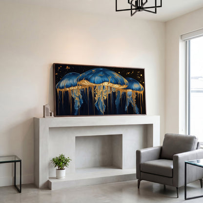 Blue and Gold Marine Jellyfish Canvas in dark walnut floating frame
