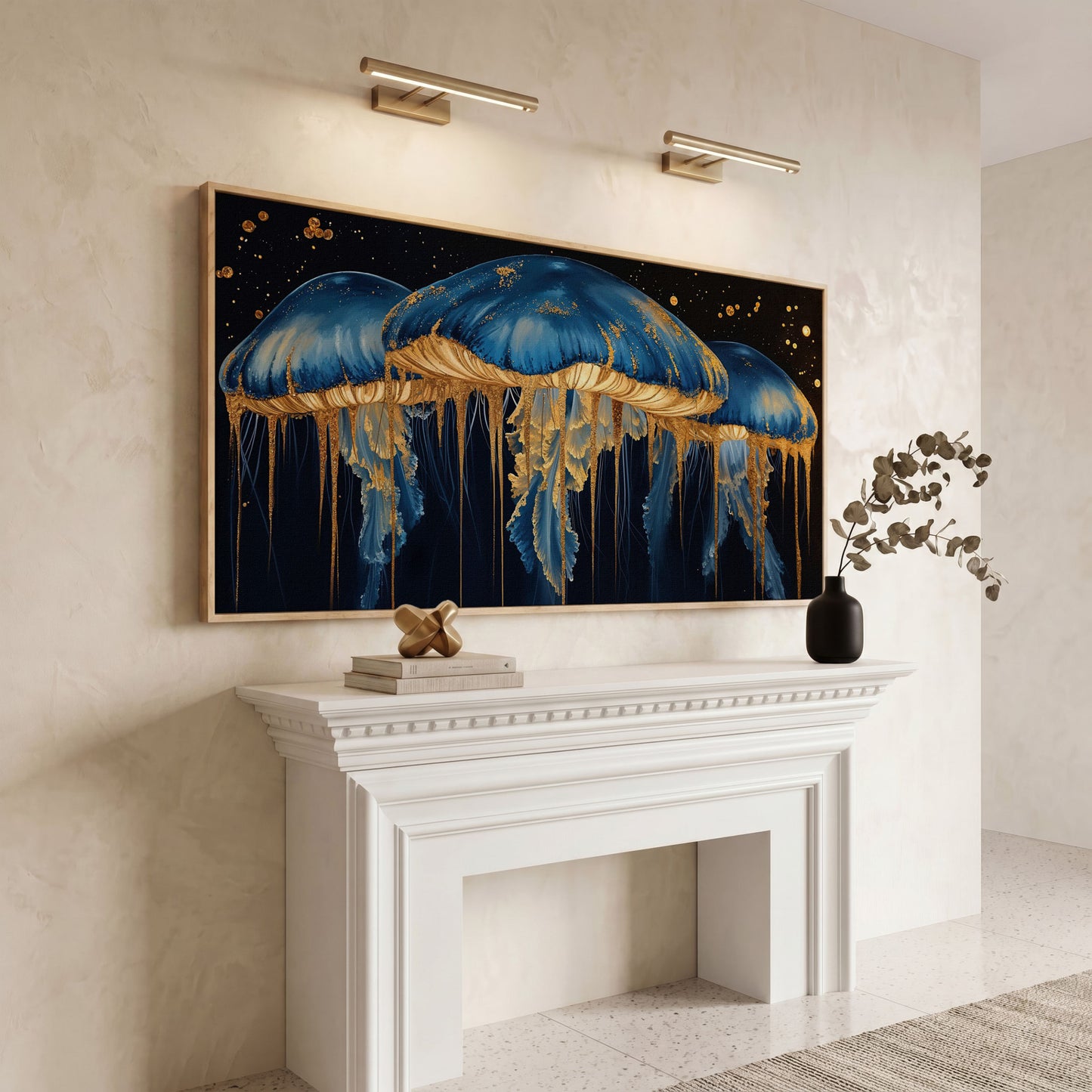Blue and Gold Marine Jellyfish Canvas in white oak floating frame