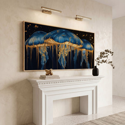 Blue and Gold Marine Jellyfish Canvas in white oak floating frame