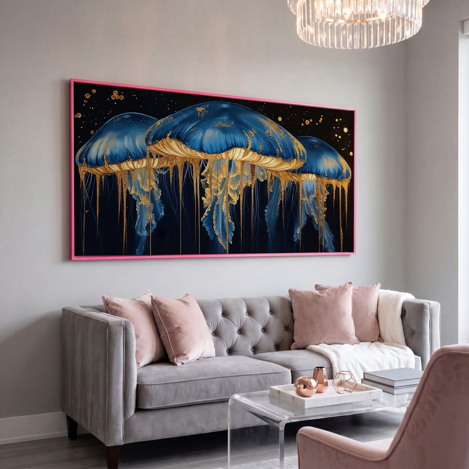 Blue and Gold Marine Jellyfish Canvas in pink floating frame