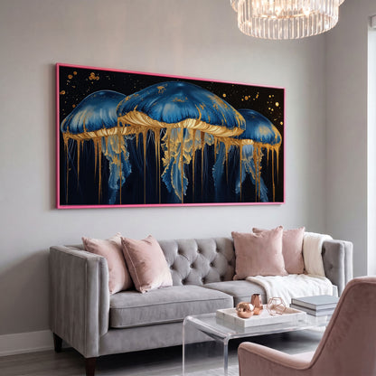 Blue and Gold Marine Jellyfish Canvas in pink floating frame