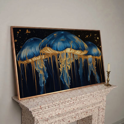 Blue and Gold Marine Jellyfish Canvas in rose gold floating frame