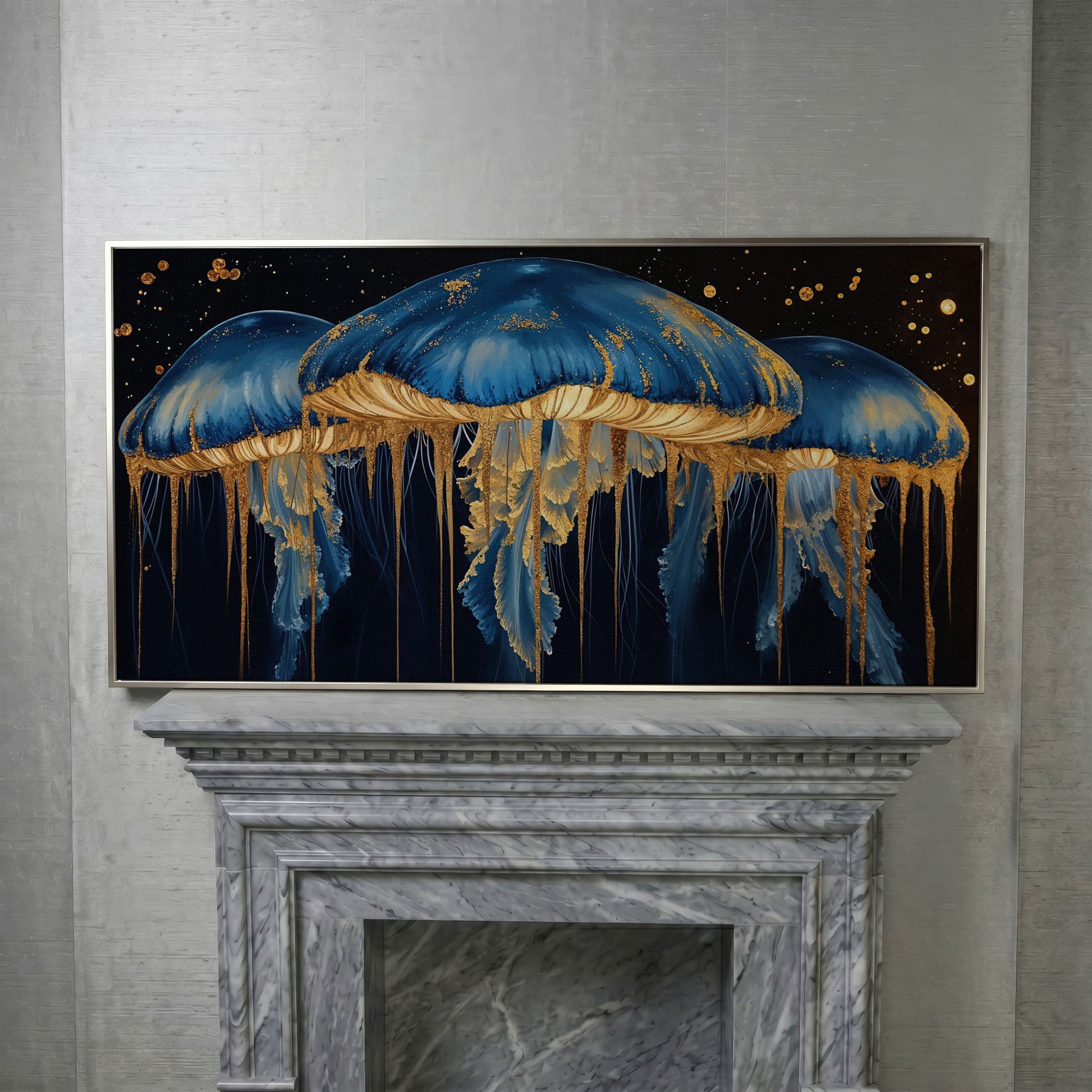 Blue and Gold Marine Jellyfish Canvas in silver floating frame