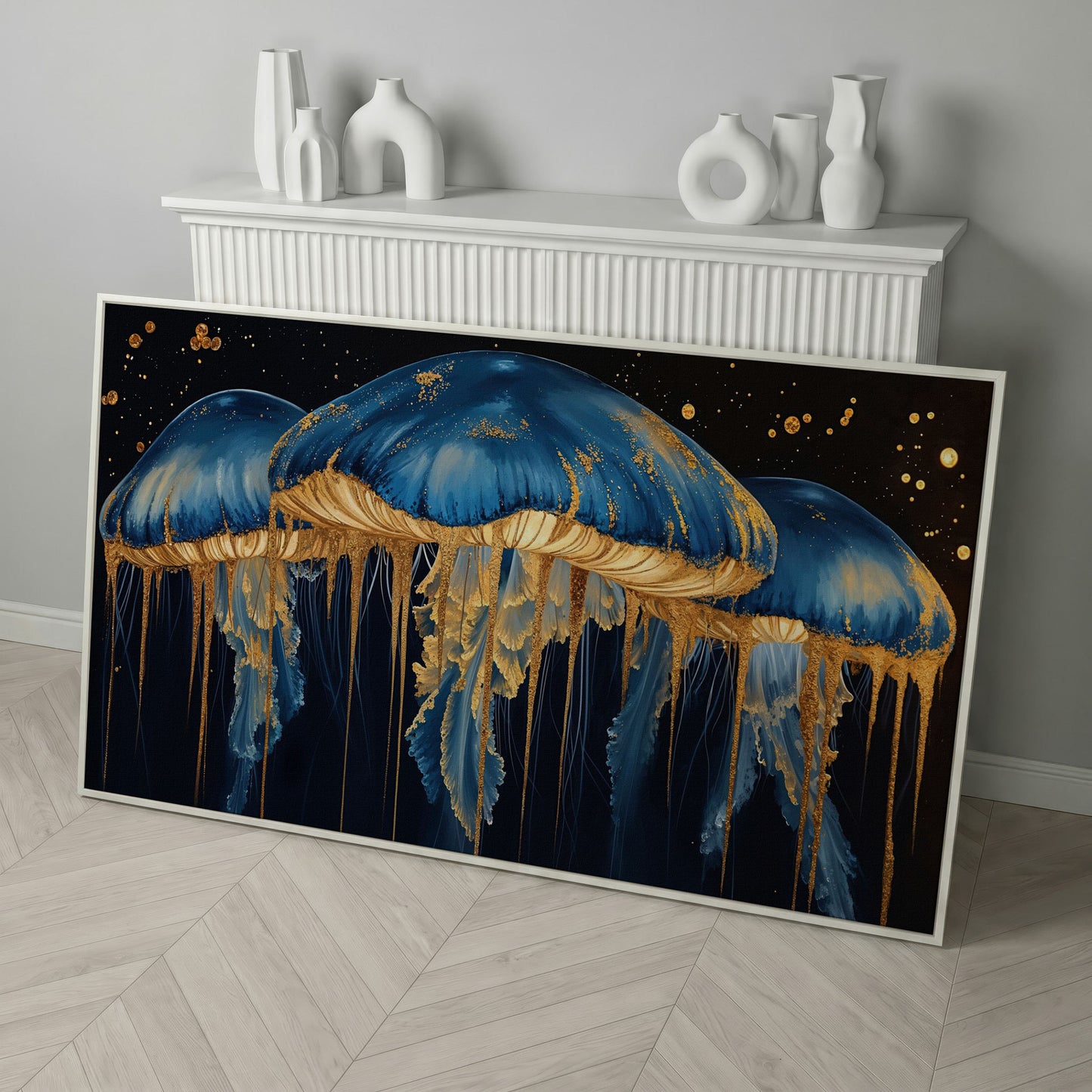 Blue and Gold Marine Jellyfish Canvas in white floating frame