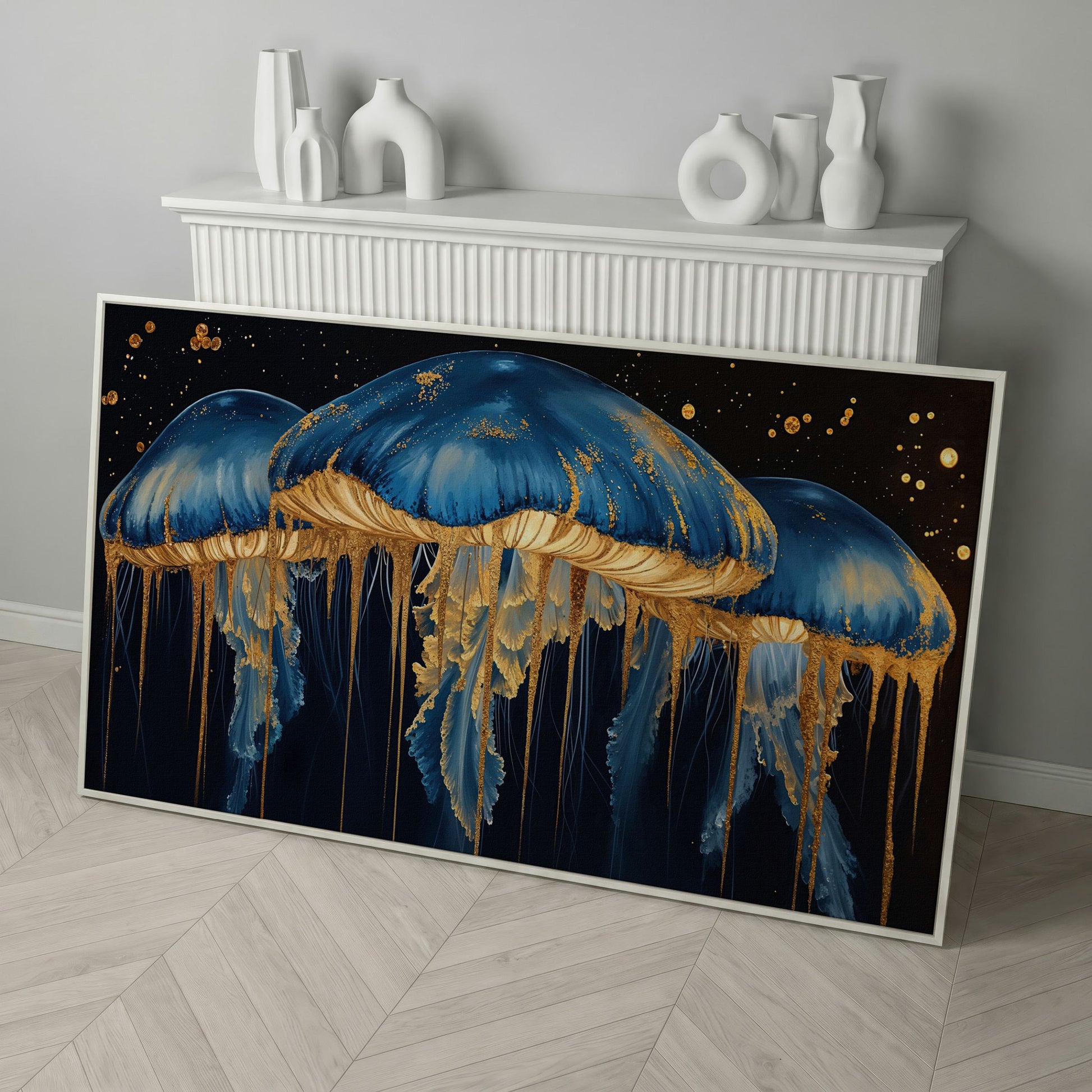 Blue and Gold Marine Jellyfish Canvas in white floating frame