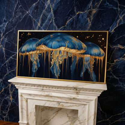 Blue and Gold Marine Jellyfish Canvas in yellow gold floating frame