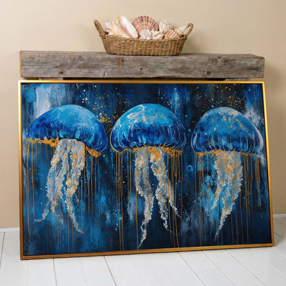 Blue Ocean Jellyfish Canvas in antique gold floating frame