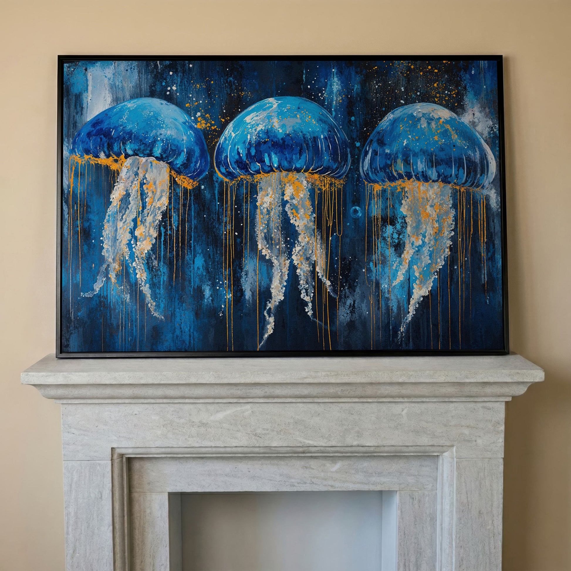 Blue Ocean Jellyfish Canvas in black floating frame