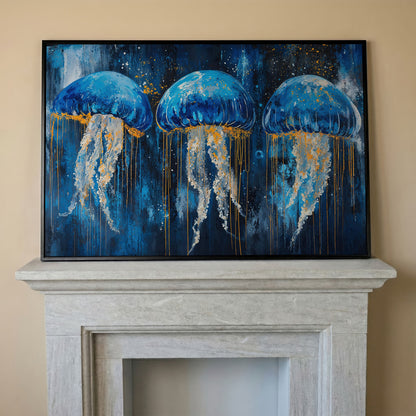 Blue Ocean Jellyfish Canvas in black floating frame