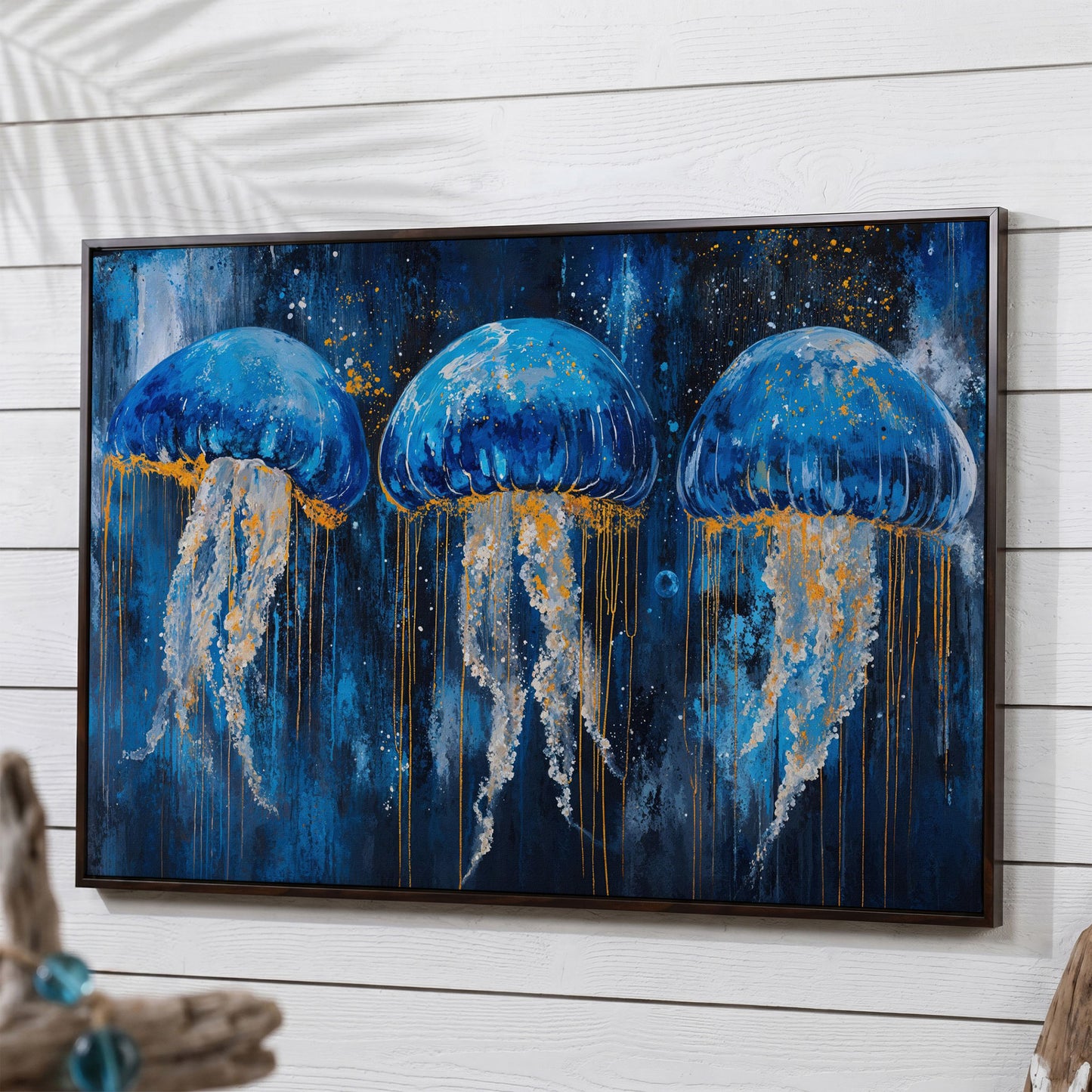 Blue Ocean Jellyfish Canvas in dark walnut floating frame