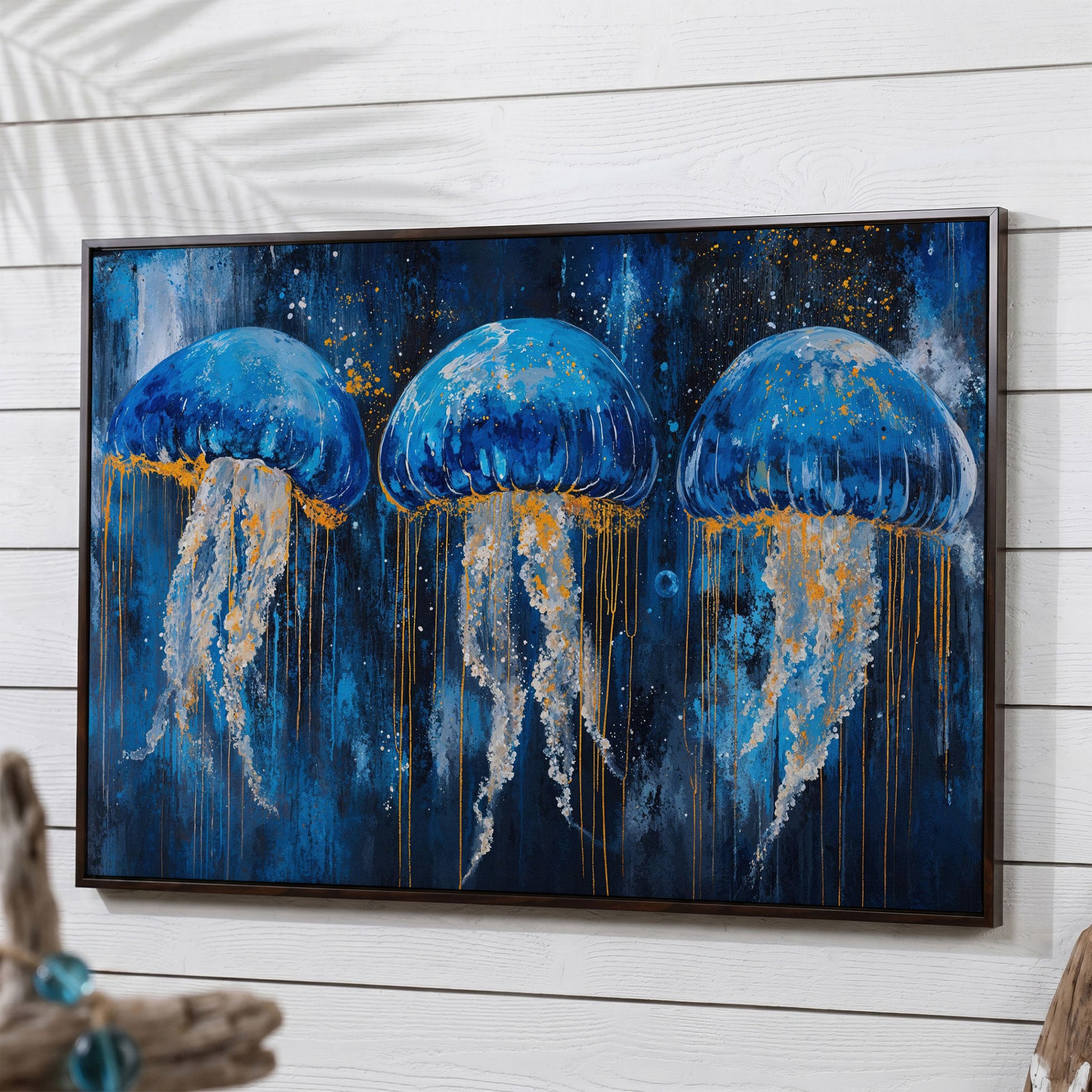 Blue Ocean Jellyfish Canvas in dark walnut floating frame