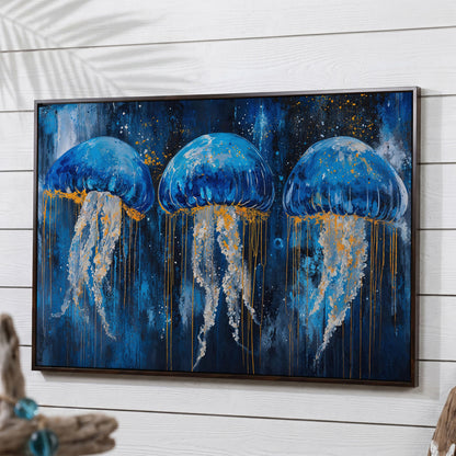 Blue Ocean Jellyfish Canvas in dark walnut floating frame