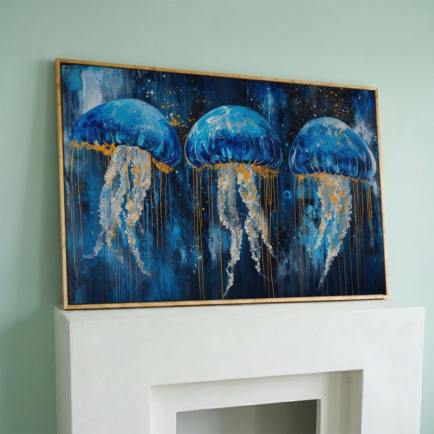 Blue Ocean Jellyfish Canvas in white oak floating frame