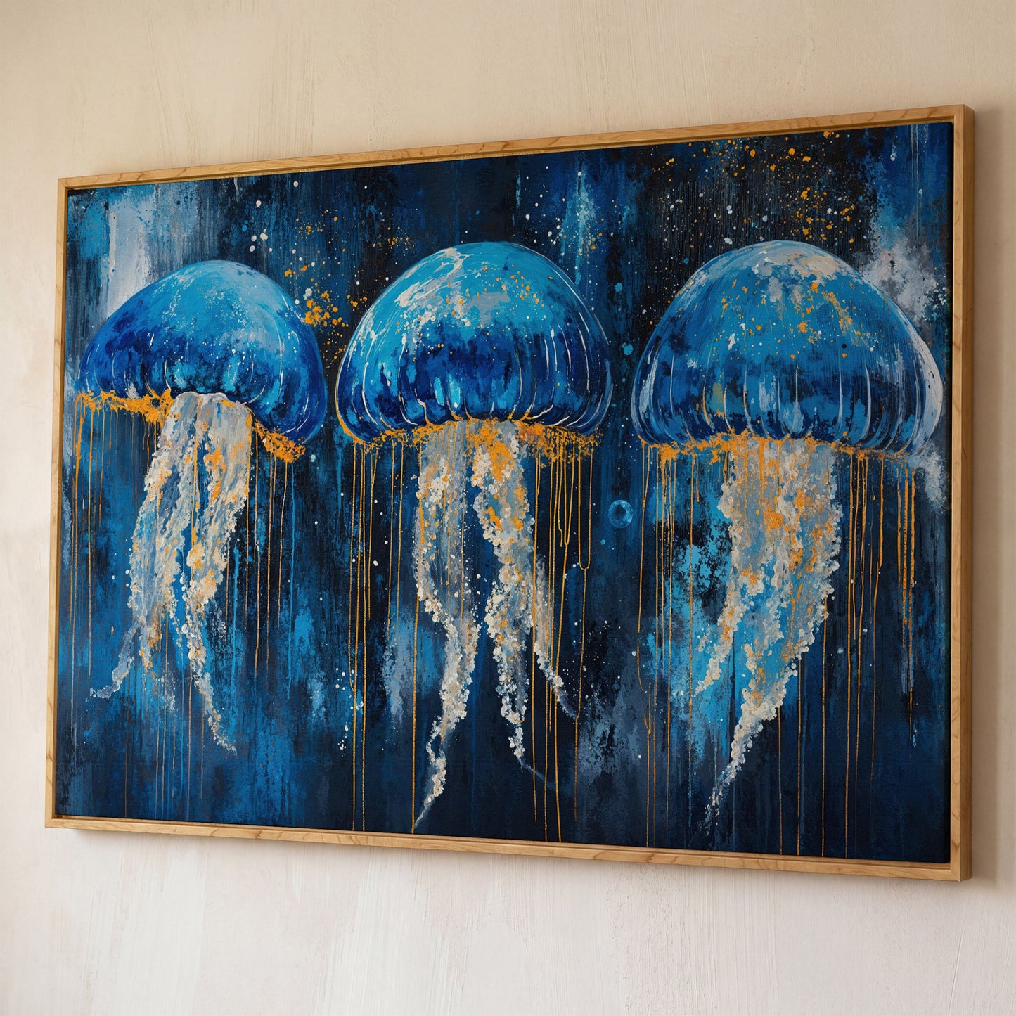 Blue Ocean Jellyfish Canvas shown in white oak floating frame