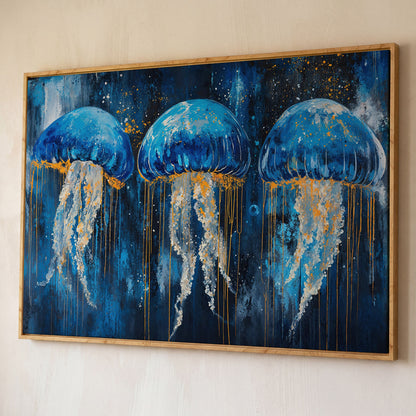 Blue Ocean Jellyfish Canvas shown in white oak floating frame