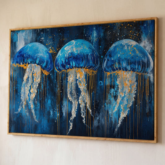 Blue Ocean Jellyfish Canvas shown in white oak floating frame
