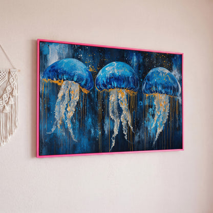 Blue Ocean Jellyfish Canvas in pink floating frame