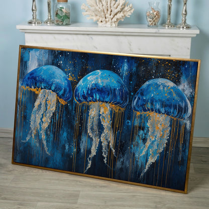 Blue Ocean Jellyfish Canvas in rose gold floating frame