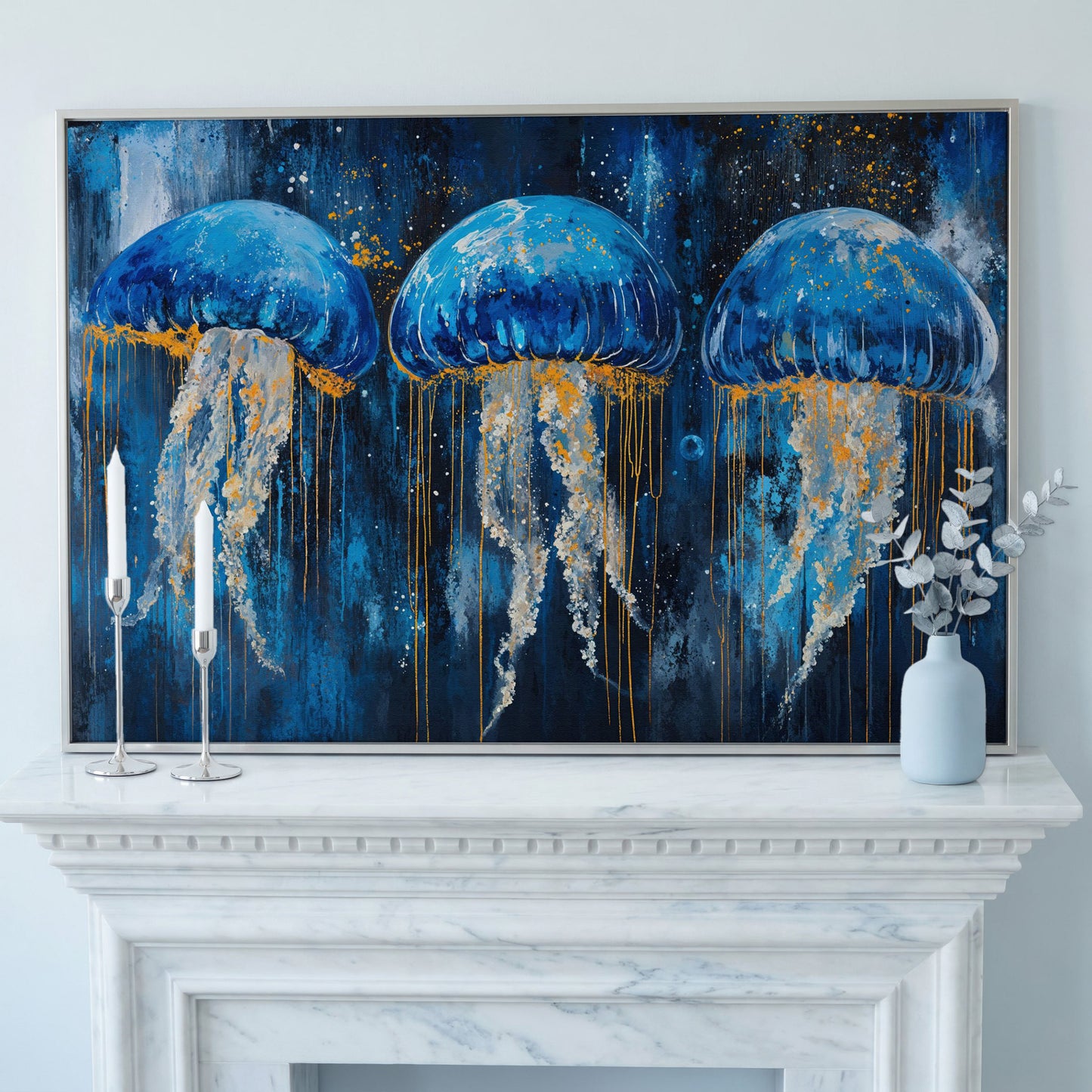 Blue Ocean Jellyfish Canvas in silver floating frame