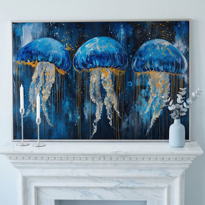 Blue Ocean Jellyfish Canvas in silver floating frame