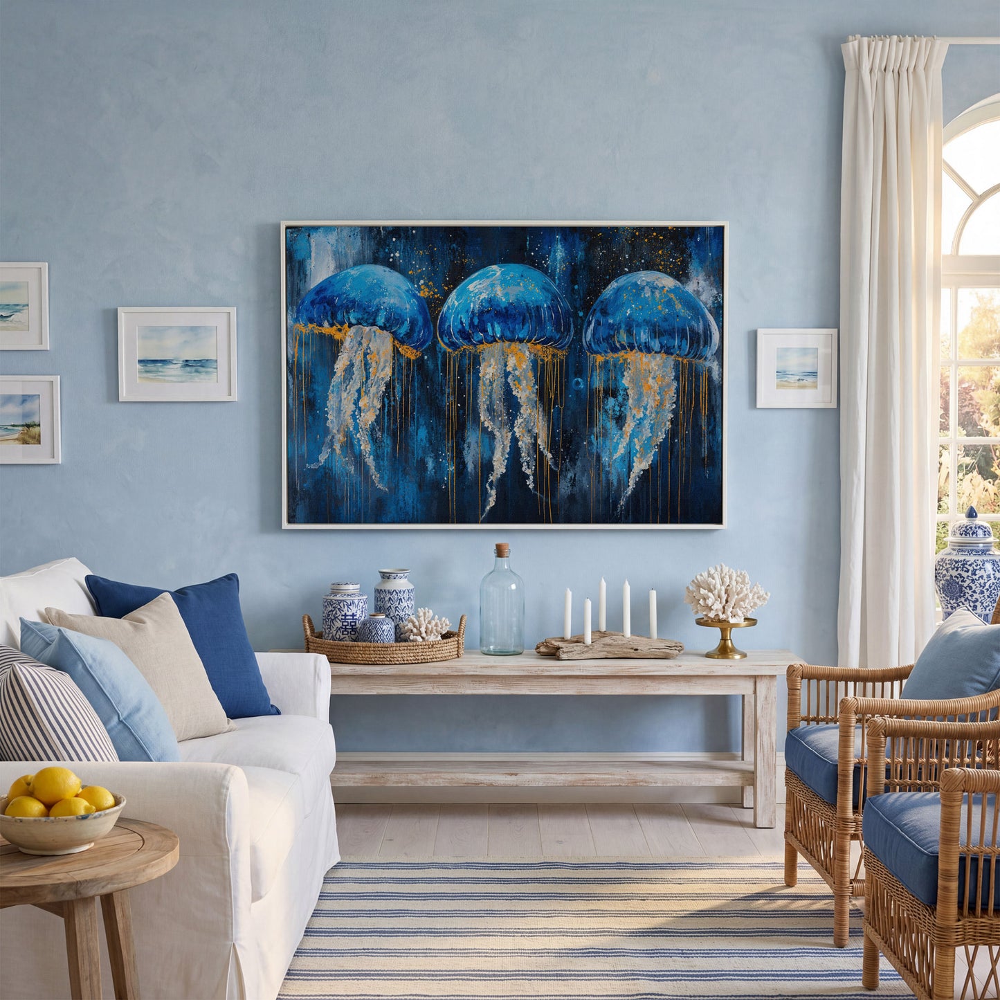 Blue Ocean Jellyfish Canvas in white floating frame