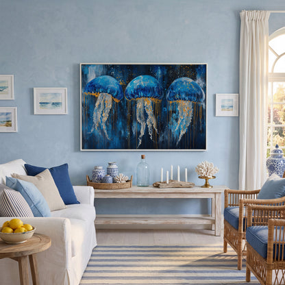 Blue Ocean Jellyfish Canvas in white floating frame