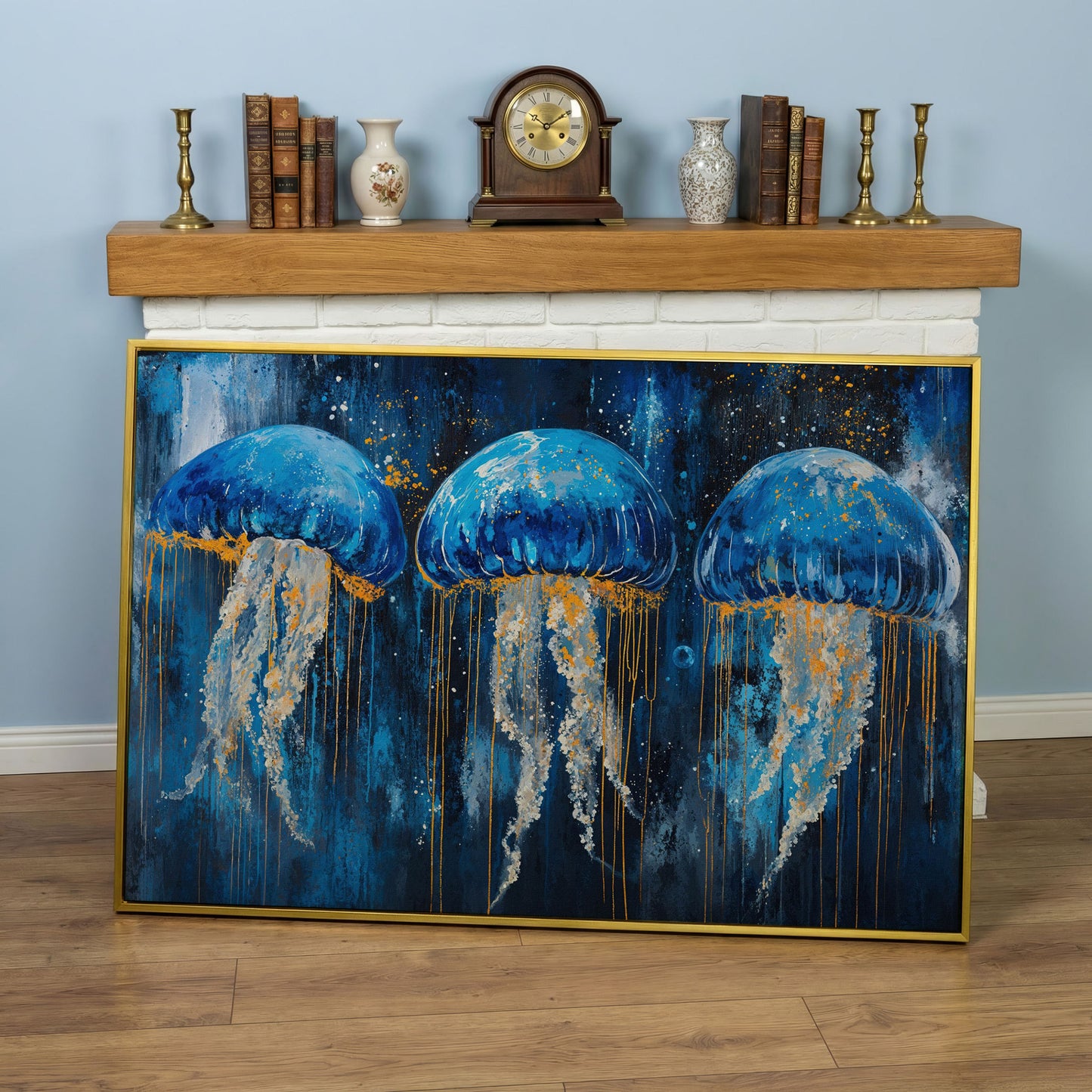 Blue Ocean Jellyfish Canvas in yellow gold floating frame