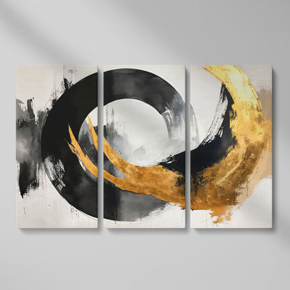 Gold and Black Circle Canvas as 3-panel split version
