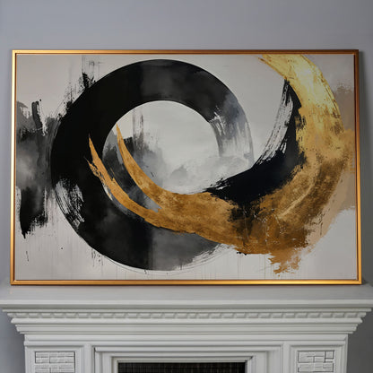Gold and Black Circle Canvas in antique gold floating frame