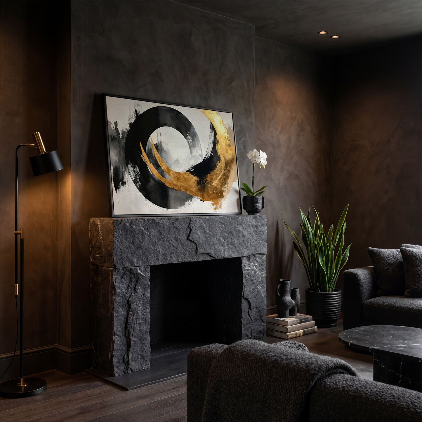 Gold and Black Circle Canvas in black floating frame